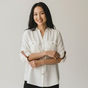 Notations‎ Womens Ivory Split Neck Button Front Blouse MCDB0248 Size M NEW
